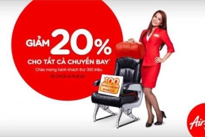 AirAsia: Giảm 20% giá vé chào mừng hành khách thứ 300 triệu