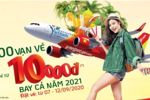 Vietjet Air tung 100 vạn vé chỉ từ 10.000 đồng bay cả năm 2021