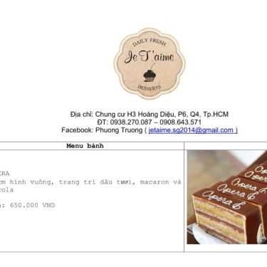Thực đơn- Tiệm Bánh Je'Taime Bakery