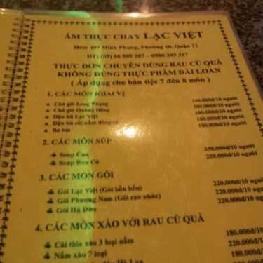 Thực đơn- Quán Ăn Ẩm Thực Chay Lạc Việt