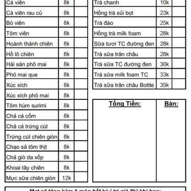 Thực đơn- Ăn Vặt Thị Mẹt - Trần Não