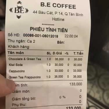 Thực đơn- Be Coffee - Bàu Cát