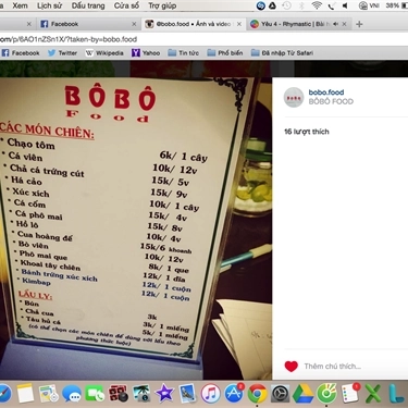 Thực đơn- Ăn vặt Bôbô Food - Lê Sao