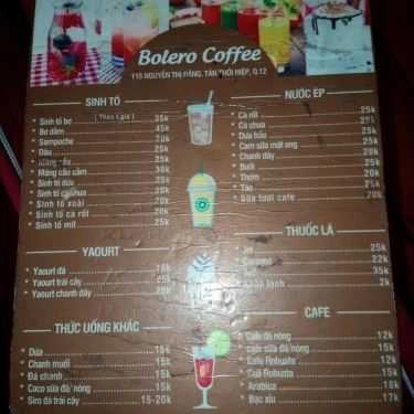 Thực đơn- Bolero Coffee - Nguyễn Thị Đặng
