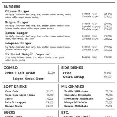 Thực đơn- Cafe Burger Joint Saigon