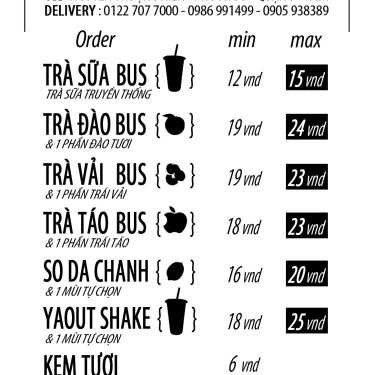 Thực đơn- Cafe Bus - Buble Tea