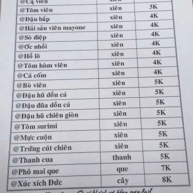 Thực đơn- Ăn vặt Cá Viên Chiên 3K - Đường Số 62