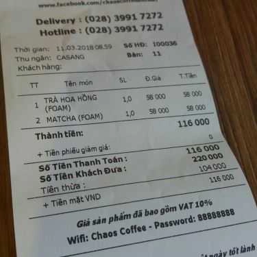 Thực đơn- Chaos Coffee
