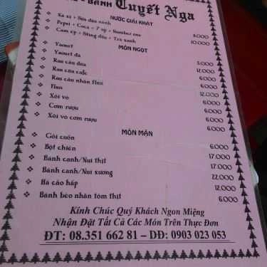 Thực đơn- Tiệm Bánh Chè Bánh Tuyết Nga - Nguyên Hồng