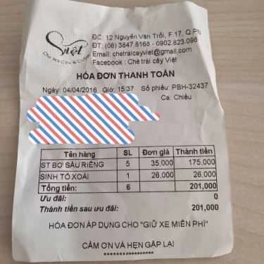 Thực đơn- Cafe Chè Trái Cây Việt - Có Giao Hàng