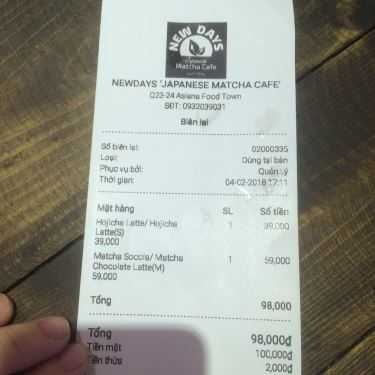 Thực đơn- Newdays Japanese Matcha Cafe - Asiana Food Town