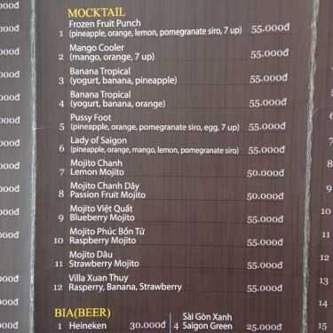 Thực đơn- Cafe Villa Xuân Thủy
