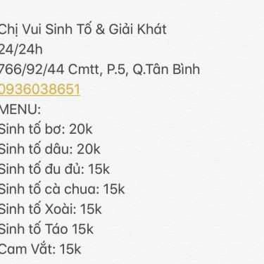 Thực đơn- Ăn vặt Chị Vui - Sinh Tố & Giải Khát