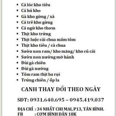 Thực đơn- Quán Cơm Cơm Bình Dân 18K - Nhất Chi Mai