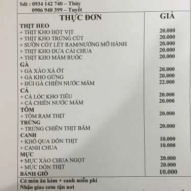 Thực đơn- Thanh Thủy - Quán Cơm