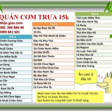 Thực đơn- Quán Cơm Cơm Trưa 15K - Giao Cơm Văn Phòng