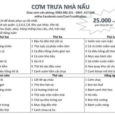 Thực đơn- Quán Cơm Cơm Trưa Nhà Nấu - Giao Cơm Văn Phòng