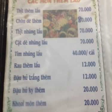 Thực đơn- Quán Nhậu Dê Tươi Mái Lá