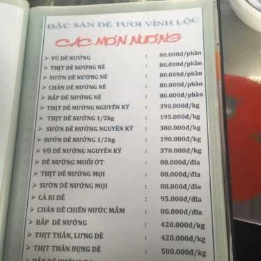 Thực đơn- Quán Nhậu Vĩnh Lộc - Quán Dê Tươi