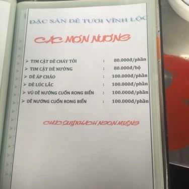Thực đơn- Quán Nhậu Vĩnh Lộc - Quán Dê Tươi