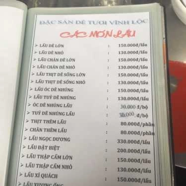 Thực đơn- Quán Nhậu Vĩnh Lộc - Quán Dê Tươi
