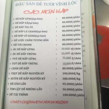 Thực đơn- Quán Nhậu Vĩnh Lộc - Quán Dê Tươi