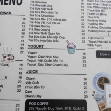 Thực đơn- Fox Coffee - Nguyễn Duy Trinh