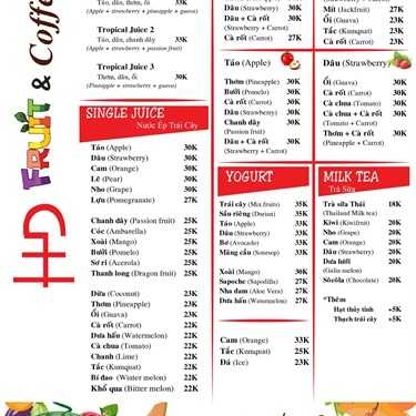 Thực đơn- HD Fruit & Coffee - Cà Phê 3 Tầng