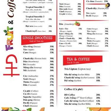 Thực đơn- HD Fruit & Coffee - Cà Phê 3 Tầng