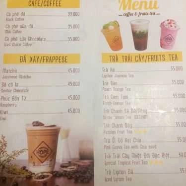 Thực đơn- Hope Coffee - Sư Vạn Hạnh