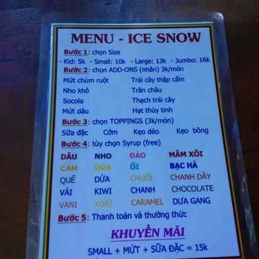 Thực đơn- Ăn vặt Ice Snow - Đá Tuyết Siro Tự Sướng - Quang Trung