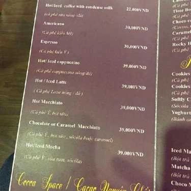 Thực đơn- Infinity Café - Trường Sơn