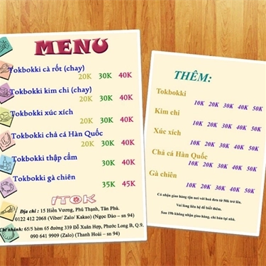 Thực đơn- Tiệm Bánh ITOK - Tokbukki Tân Phú