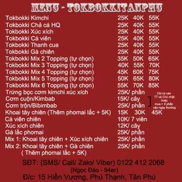 Thực đơn- Tiệm Bánh ITOK - Tokbukki Tân Phú