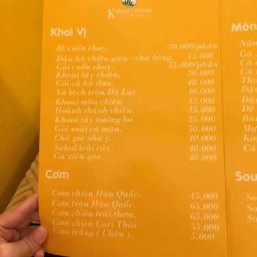 Thực đơn- Quán Ăn K Vegetarian - Ẩm Thực Chay & Cafe