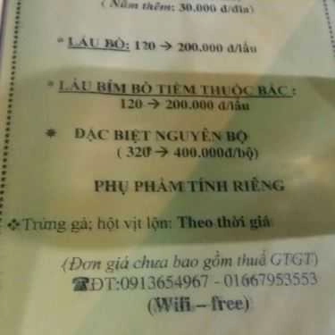 Thực đơn- Quán Nhậu Lẩu Bò Năm Cảnh - Lê Văn Việt