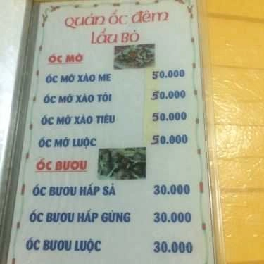 Thực đơn- Quán Nhậu Lẩu Bò & Ốc Đêm