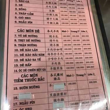 Thực đơn- Quán Nhậu Lẩu Dê Tư Diệp