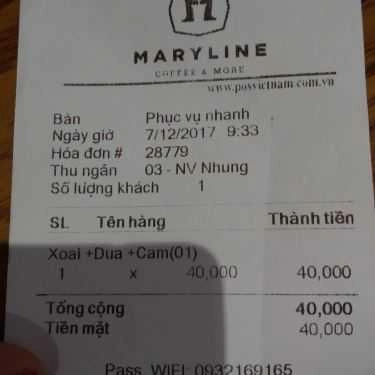 Thực đơn- Maryline Coffee Shop - Bình Thạnh