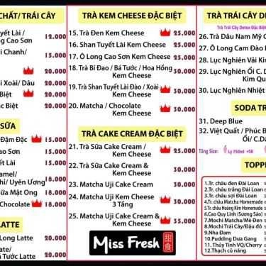 Thực đơn- Cafe Miss Fresh - Trà Sữa, Chè & Ăn Vặt - Đặng Văn Bi