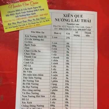 Thực đơn- Quán Nhậu Number One - Hải Sản, Món Bò & Lẩu