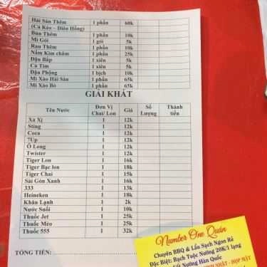 Thực đơn- Quán Nhậu Number One - Hải Sản, Món Bò & Lẩu