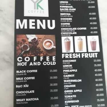 Thực đơn- YK Coffee - Nguyễn Thị Minh Khai