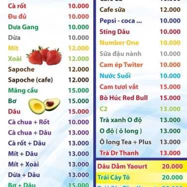 Thực đơn- Cafe Quán 10K - Sinh Tố Các Loại
