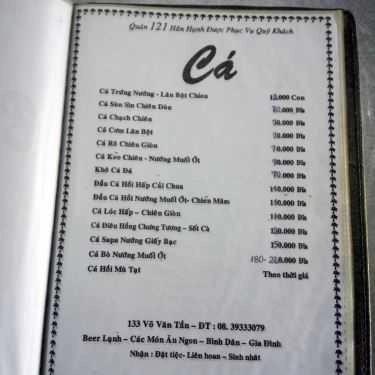 Thực đơn- Quán Nhậu Quán 121 - Hải Sản, Lẩu & Các Món Nhậu Bình Dân