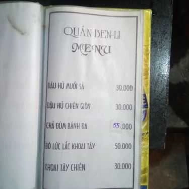 Thực đơn- Quán Nhậu Quán Ben-Li - Nhậu Bình Dân