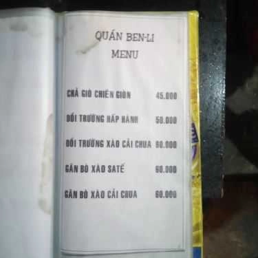 Thực đơn- Quán Nhậu Quán Ben-Li - Nhậu Bình Dân