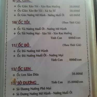 Thực đơn- Quán Nhậu Ốc Tuyền - Quán Hải Sản