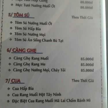 Thực đơn- Quán Nhậu Ốc Tuyền - Quán Hải Sản