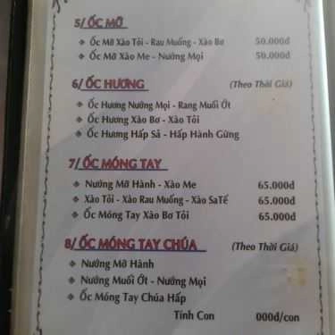 Thực đơn- Quán Nhậu Ốc Tuyền - Quán Hải Sản